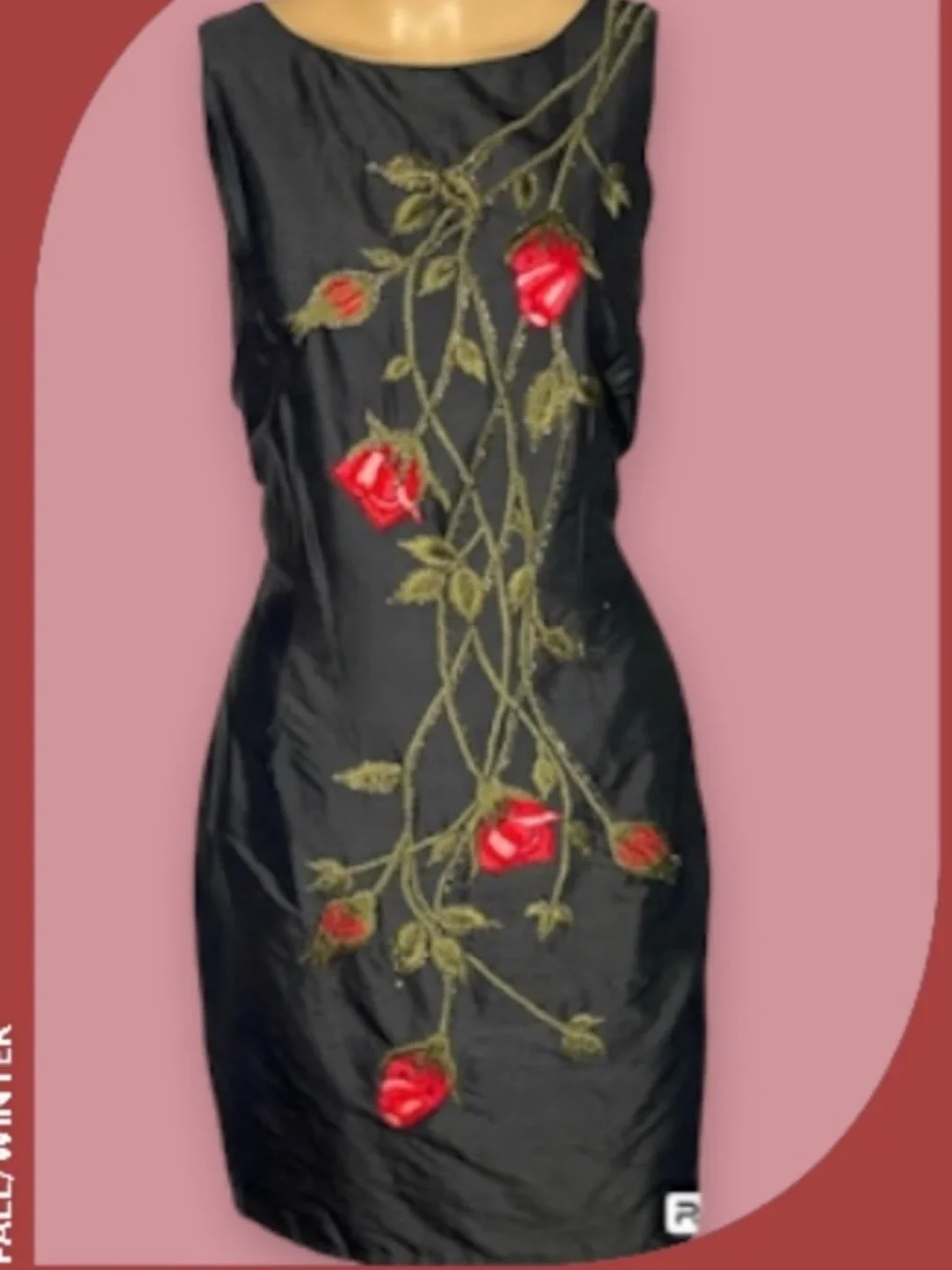 Vintage 100% Silk Black Mini Dress with Beaded Rose Embroidery - Romantic M